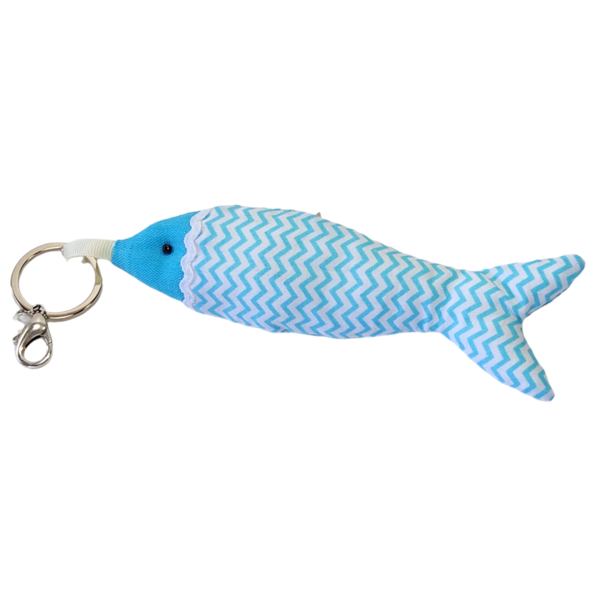 Μπρελόκ υφασμάτινο ψάρι γαλάζιο ζικ ζακ - ύφασμα, ψάρι, δώρο, χειροποίητα, σπιτιού
