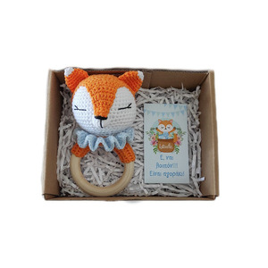 Gender Reveal Box - Αλεπού με γαλάζιο γιακά - ύψος 14 εκ - δώρο, βρεφικά, κουδουνίστρα, μασητικά μωρού