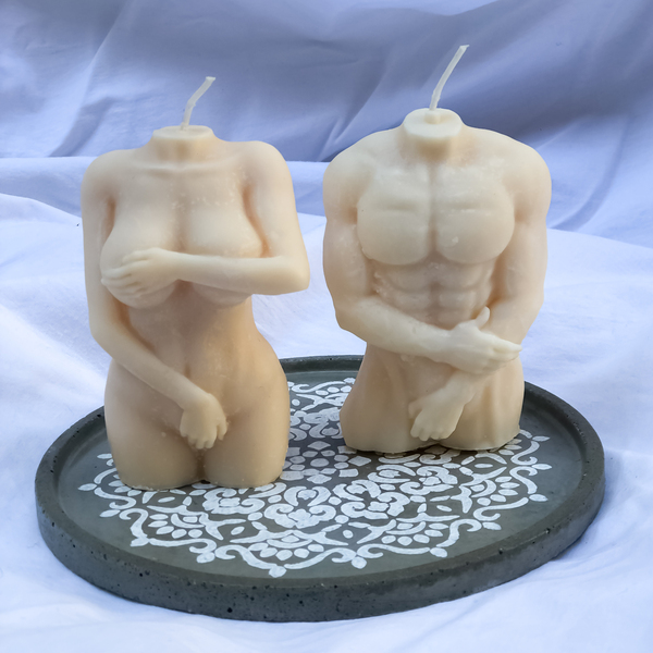 Σετ αρωματικών κεριών σογιασ γυναικείο &αντρικο σώμα με τσιμεντένια βάση . - αρωματικά κεριά, soy candle, soy candles, vegan κεριά