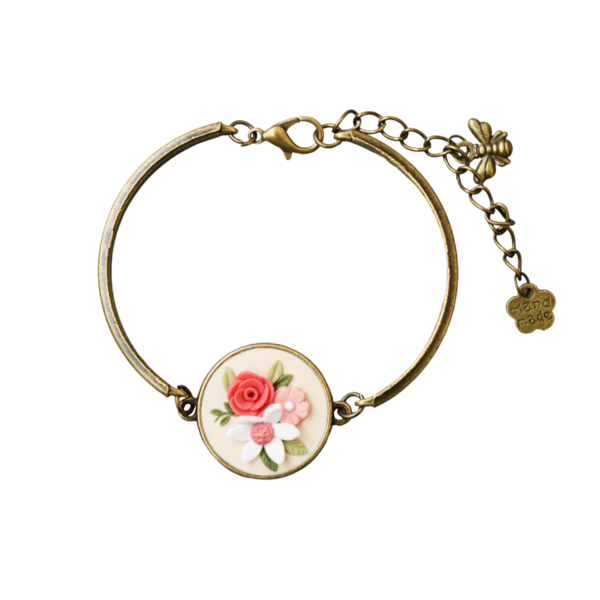 Rose | Χειροποίητο vintage βραχιόλι με λουλούδια (πηλός, μπρούτζος) (αυξομειούμενο) - charms, λουλούδι, μπρούντζος, χεριού, αυξομειούμενα