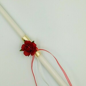 Χειροποίητο λευκό λαμπάδακι "Κόκκινο Τριαντάφυλλο" - μήκος 36εκ - λουλούδια, λαμπάδες, για παιδιά, για ενήλικες, για εφήβους - 2