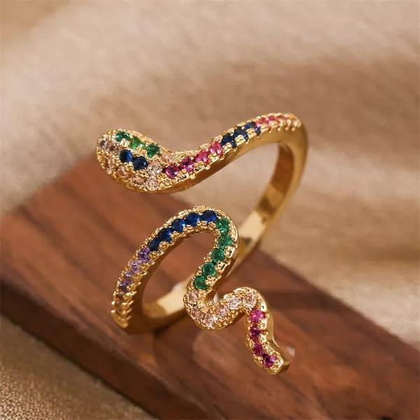 Επίχρυσο Δαχτυλίδι Φίδι με Πολύχρωμα Ζιρκον - επιχρυσωμένα, ορείχαλκος, γεωμετρικά σχέδια, για γάμο, αυξομειούμενα - 3
