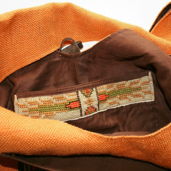 Τσάντα boho ώμου-χιαστί, πορτοκαλί λινάτσα, κέντημα λαϊκό μοτίβο - ύφασμα, ώμου, χιαστί, πάνινες τσάντες - 4