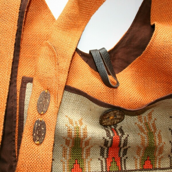 Τσάντα boho ώμου-χιαστί, πορτοκαλί λινάτσα, κέντημα λαϊκό μοτίβο - ύφασμα, ώμου, χιαστί, πάνινες τσάντες - 5