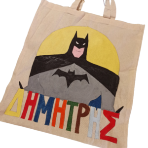 πάνινη τσάντα batman με όνομα παιδιού για τη μεταφορά βιβλίων - όνομα - μονόγραμμα, ζωγραφισμένα στο χέρι, αγόρι