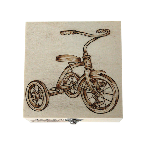 Ξύλινο κουτί με πυρογραφία τρίκυκλο ποδήλατο 13x13cm - ξύλο, οργάνωση & αποθήκευση - 4