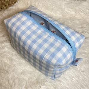 Νεσεσέρ / Pouch Bag "γαλάζιο καρώ" Μ (20x10x10) - ύφασμα, αξεσουάρ παραλίας, δώρα για γυναίκες, καλλυντικών, ταξιδίου - 2