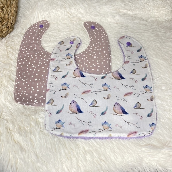 Σαλιάρες σετ των 2 "lilac birds'' - κορίτσι, δώρο, δώρα για μωρά, αξεσουάρ μωρού, σαλιάρες - 2