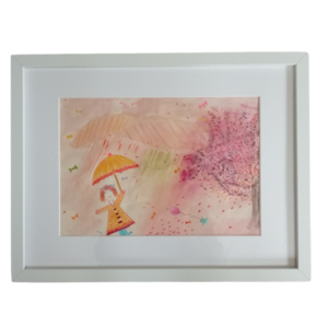 Παιδικός πίνακας σε ψηφιακή επιχρωματισμένη εκτύπωση, "Μπόρα με ομπρέλα". Διαστάσεις 30Χ42εκ. - κορίτσι, βρεφικά, παιδικοί πίνακες