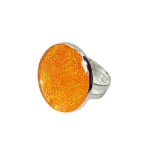 Δαχτυλίδι στρογγυλό με πορτοκαλί γκλίτερ - γυαλί, μεγάλα, επιροδιωμένα, αυξομειούμενα, φθηνά - 2