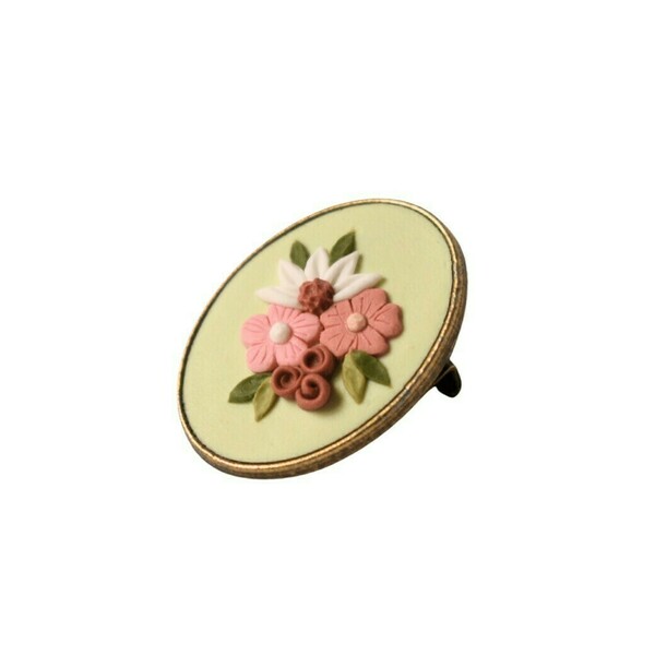 Flowers | Χειροποίητη μικρή μπρούτζινη καρφίτσα με λουλούδια (μπρούτζος, πηλός) (2cmx1,5cm) - πηλός, λουλούδι, vintage, μπρούντζος, μικρά