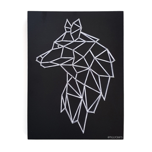 Ξύλινο κάδρο με καρφιά & κλωστές "Polygon Wolf" 35x27cm - πίνακες & κάδρα, γεωμετρικά σχέδια, δώρο για αδερφό