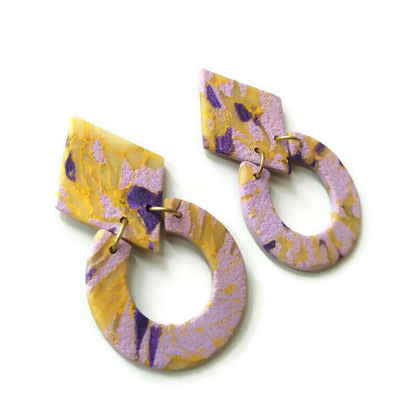 Lilac garden - Σκουλαρίκια από πηλό με μοβ αποχρώσεις - πηλός, ατσάλι, boho, κρεμαστά, καρφάκι - 2