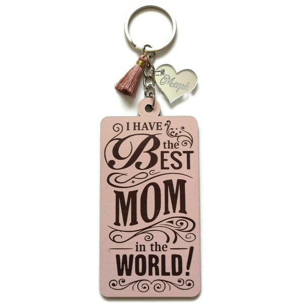 Μπρελόκ για την μαμά με ξύλινη ροζ επιγραφή, φουντάκι και plexiglass καρδιά "μαμά", μήκος 15 εκ. - μπρελόκ, μαμά, γιορτή της μητέρας - 2