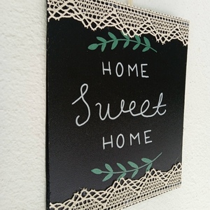 Vintage χειροποίητο καδράκι μαυροπίνακα με επιγραφή HOME Sweet HOME ,πράσινα κλαράκια και πλεκτή δαντέλα. - πίνακες & κάδρα, DIY - 2