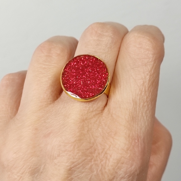 Δαχτυλίδι επίχρυσο με κόκκινο γκλίτερ - ορείχαλκος, γεωμετρικά σχέδια, μεγάλα, αυξομειούμενα, φθηνά - 2