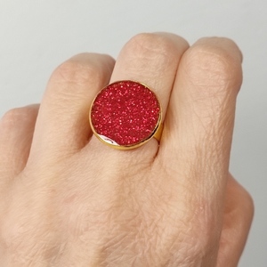 Δαχτυλίδι επίχρυσο με κόκκινο γκλίτερ - ορείχαλκος, γεωμετρικά σχέδια, μεγάλα, αυξομειούμενα, φθηνά - 2
