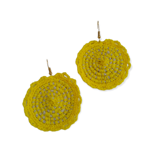 Σκουλαρίκια crochet Full Moon κίτρινα στρογγυλά πλεκτά - νήμα, boho, μεγάλα, γάντζος, πλεκτά