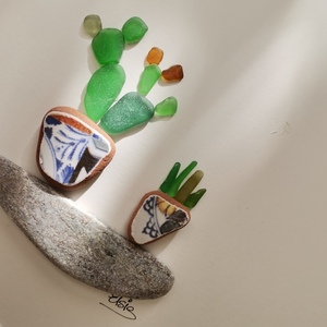 Καδράκι με βότσαλο και γυαλάκια της θάλασσας, Cactus - πίνακες & κάδρα, βότσαλα