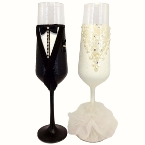 Σετ 2 ποτήρια σαμπάνιας γάμου αρραβώνα κρυστάλλινα γαμπρός παπιγιόν νύφη - 2