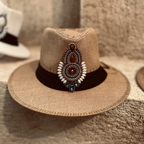 Ψάθινο καπέλο Panama - Boho crystal - ζωγραφισμένα στο χέρι, απαραίτητα καλοκαιρινά αξεσουάρ, αξεσουάρ παραλίας, ψάθινα - 3
