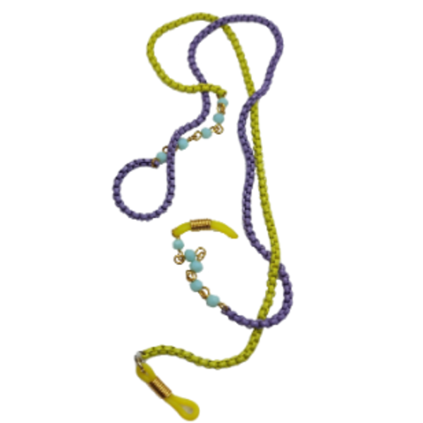 Ατσάλινη αλυσίδα για γυαλιά 68εκ σε χρώμα μωβ κ κίτρινο με θαλασσί χάντρες - αλυσίδες, χειροποίητα - 2