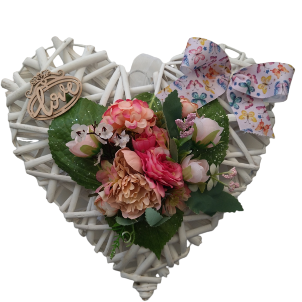 Καρδιά ξύλινη, λευκή, 30 εκατοστών διακοσμημένη με λουλούδια - ξύλο, καρδιά, στεφάνια, δώρο, διακοσμητικά