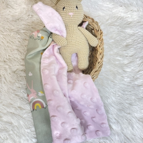 Πλεκτό κουκλάκι Λαγουδάκι μπεζ 18εκ. με πανάκι παρηγοριάς ποπλίνα μέντα με κουνελάκια/ροζ μίνκυ - κορίτσι, λούτρινα, amigurumi, δώρα για μωρά, δώρο γέννησης - 2