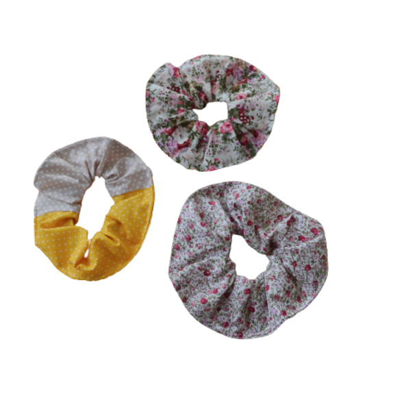 Floral Scrunchies Set 3pcs - ύφασμα, λαστιχάκια μαλλιών, μεγάλα scrunchies