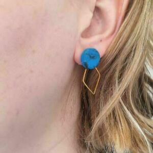 Καρφωτά σκουλαρίκια μπλε με μεταλλικό ρόμβο - πηλός, καρφωτά, μικρά, ατσάλι, καρφάκι - 4