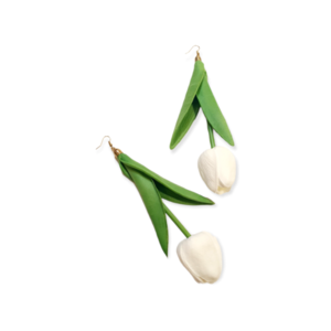 Σκουλαρίκια κρεμαστά πλαστικά λουλούδια " Άσπρες Τουλίπες" - πλαστικό, μπρούντζος, κρεμαστά, μεγάλα, γάντζος - 2
