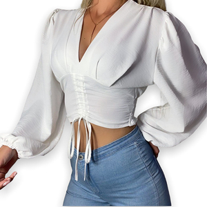 Τοπ μπλούζα με φουσκωτό μανίκι λευκό χρώμα - μακρυμάνικες, crop top, πολυεστέρας