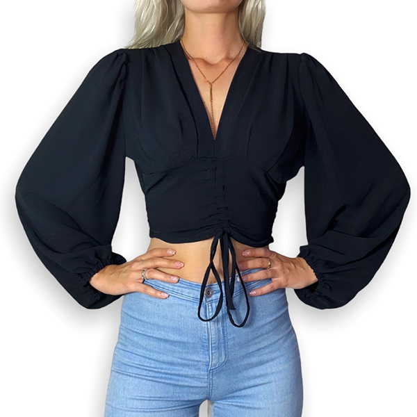 Τοπ μπλούζα με φουσκωτό μανίκι μαύρο χρώμα - πολυεστέρας, crop top, μακρυμάνικες