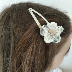 Σετ μεγάλα κλιπ μαλλιών με πλεκτό λουλούδι και ξύλινη χάντρα (2 τεμ.) - νήμα, crochet, hair clips, 100% βαμβακερό - 5
