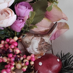 Χειροποίτο στεφάνι εε βάση από καφέ μπαμού 30 εκ. με πήλινο πουλάκι - στεφάνια, πουλάκι, ανοιξιάτικα λουλούδια - 5