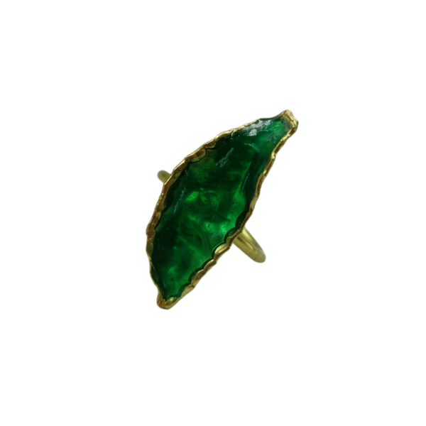 Χειροποίητο δαχτυλίδι από ορείχαλκο σε πράσινο χρώμα - ορείχαλκος, φύλλο, μεγάλα, αυξομειούμενα