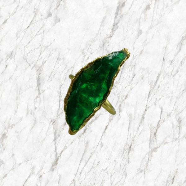 Χειροποίητο δαχτυλίδι από ορείχαλκο σε πράσινο χρώμα - ορείχαλκος, φύλλο, μεγάλα, αυξομειούμενα - 2