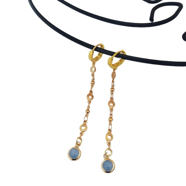 Μακρυά σκουλαρίκια με αλυσίδα και μικρό κρυσταλλακι σε γαλάζιο χρωμα - επιχρυσωμένα, ατσάλι, κρεμαστά