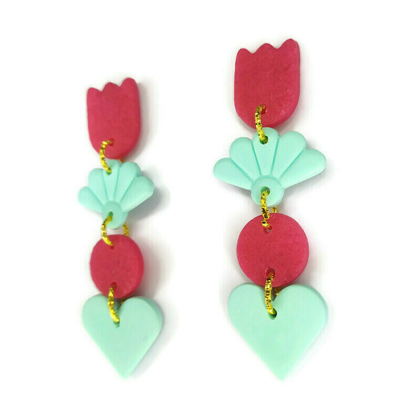 Soft pastels - Σκουλαρίκια με καρδιές και λουλούδια από πηλό σε πράσινο της μέντας και καρπουζί - καρδιά, πηλός, λουλούδι, ατσάλι, κρεμαστά - 3