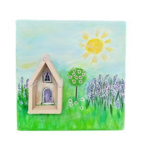 Ξύλινο σπιτάκι σε καμβά 20×20 - ζωγραφισμένα στο χέρι, κορίτσι, βρεφικά, παιδικοί πίνακες - 3