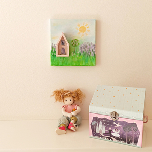 Ξύλινο σπιτάκι σε καμβά 20×20 - ζωγραφισμένα στο χέρι, κορίτσι, βρεφικά, παιδικοί πίνακες - 2