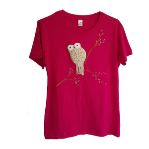 Ζωγραφισμένο στο χέρι, με πλεκτή κουκουβάγια, γυναικείο T-shirt, φούξια (XL) 100% βαμβάκι - χειροποίητα, ζωγραφισμένα στο χέρι