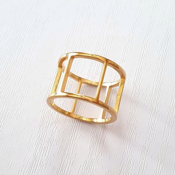Δαχτυλίδι cage από ανοξείδωτο ατσάλι επιχρυσωμένο χρυσό - επιχρυσωμένα, γεωμετρικά σχέδια, ατσάλι, σταθερά, μεγάλα - 2