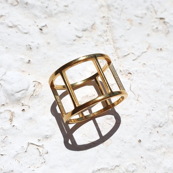 Δαχτυλίδι cage από ανοξείδωτο ατσάλι επιχρυσωμένο χρυσό - επιχρυσωμένα, γεωμετρικά σχέδια, ατσάλι, σταθερά, μεγάλα - 4
