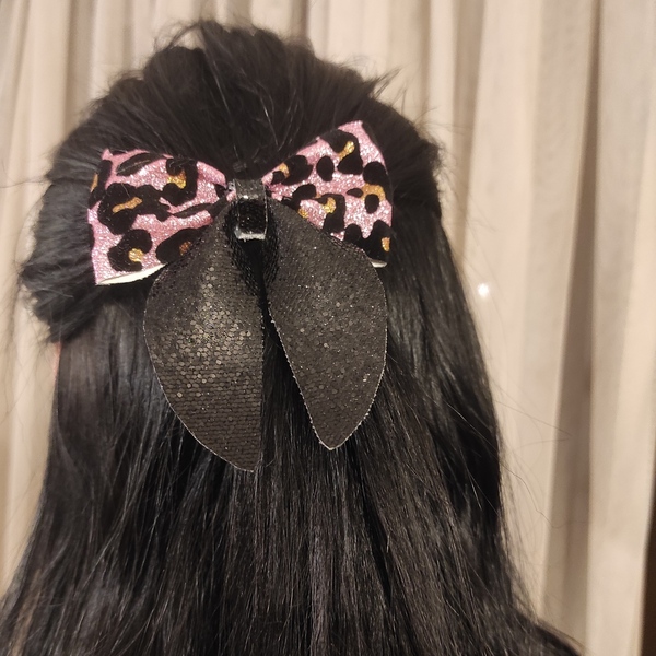 Pink leopard bow - ύφασμα, μαλλιά - 2