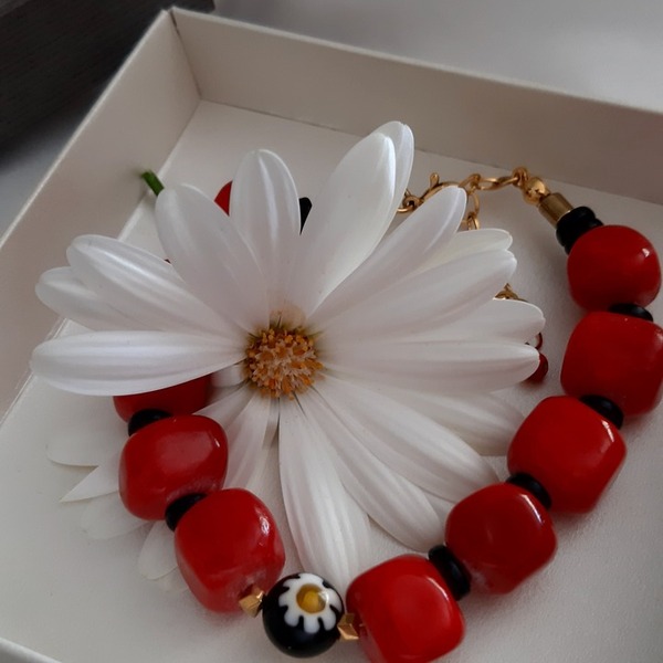 Βραχιόλι με νεφρίτη κόκκινο - ημιπολύτιμες πέτρες, charms, λουλούδι, μαμά και κόρη, χεριού - 3