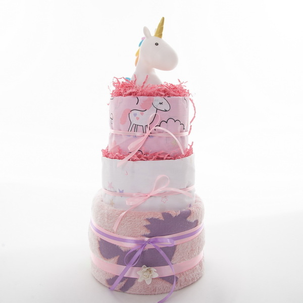 Ροζ Χειροποίητο Diaper Cake για κοριτσάκι - Unicorn - κορίτσι, μονόκερος, σετ δώρου, δώρο γέννησης, diaper cake