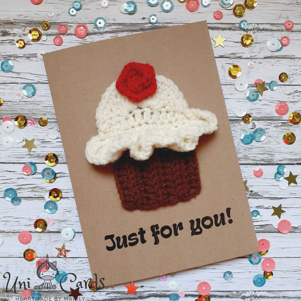 Ευχετήρια κάρτα με πλεκτό cupcake - γενέθλια, επέτειος - 2