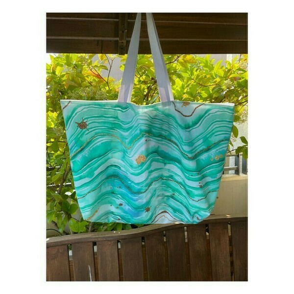 Τσάντα Παραλίας _ Turquoise And Gold - θαλάσσης, ύφασμα, απαραίτητα καλοκαιρινά αξεσουάρ, ώμου - 2