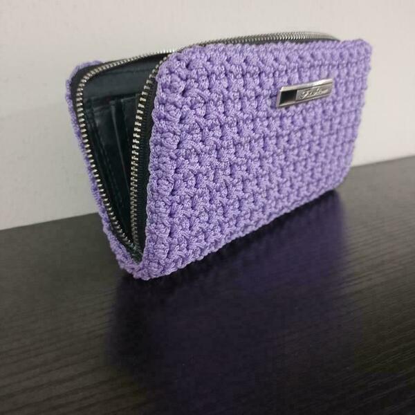 Χειροποίητο πλεκτό πορτοφόλι με φερμουάρ μοβ 20Χ11 - νήμα, πλεκτό, δώρα για γυναίκες, πορτοφόλια - 3